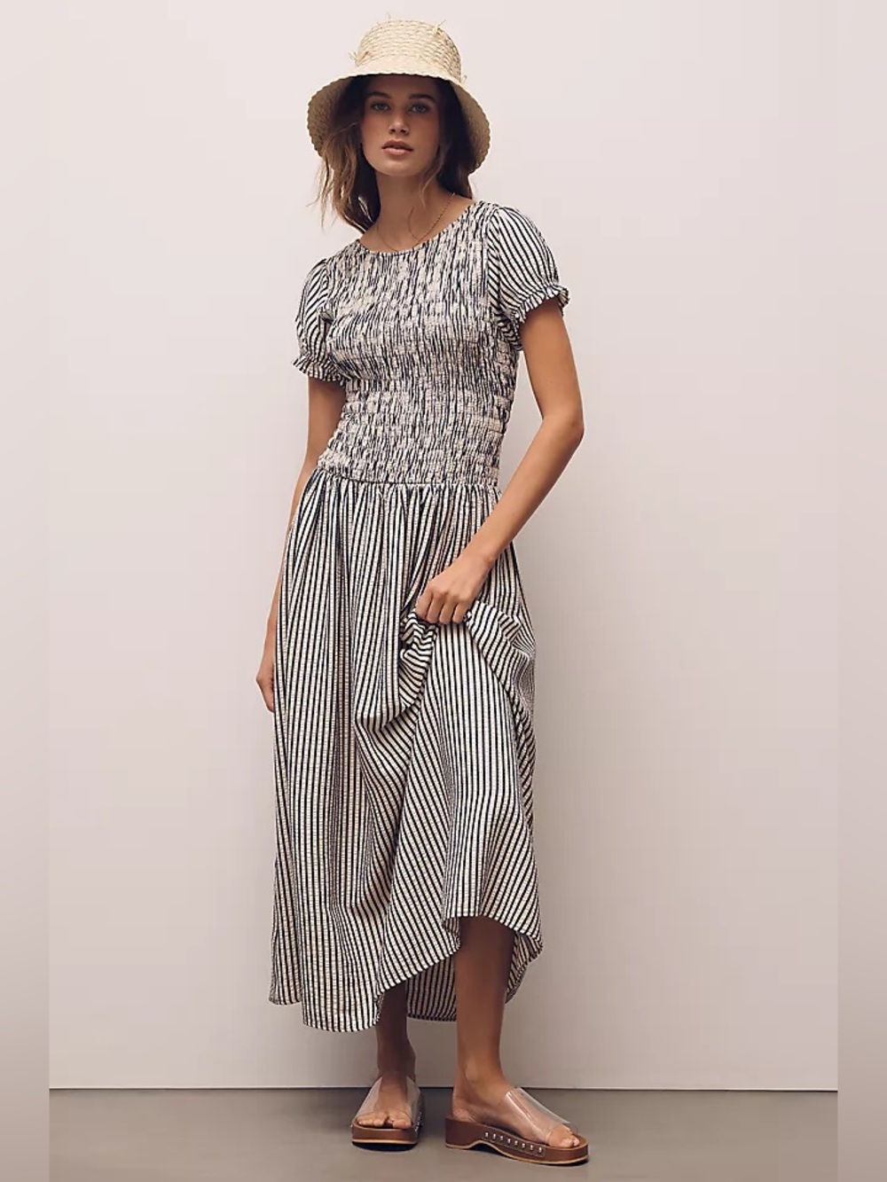 MAEVE SIZE SP S PETITE Margie Smocked Stripe Midi Dress striped